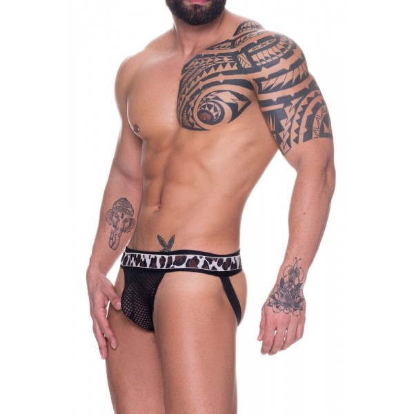 CUECA JOCK ARRASTÃO PRETO COM ELÁSTICO DE ONÇA 