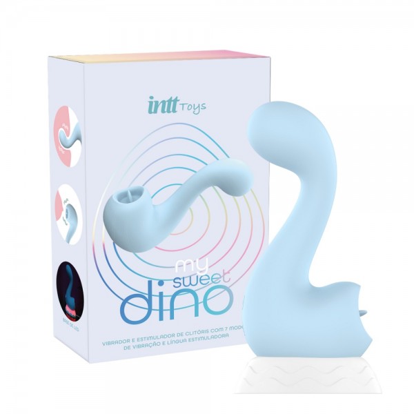 VIBRADOR MY SWEET DINO COM LÍNGUA ESTIMULADORA RECARREGÁVEL COM BASE ILUMINADA AZUL