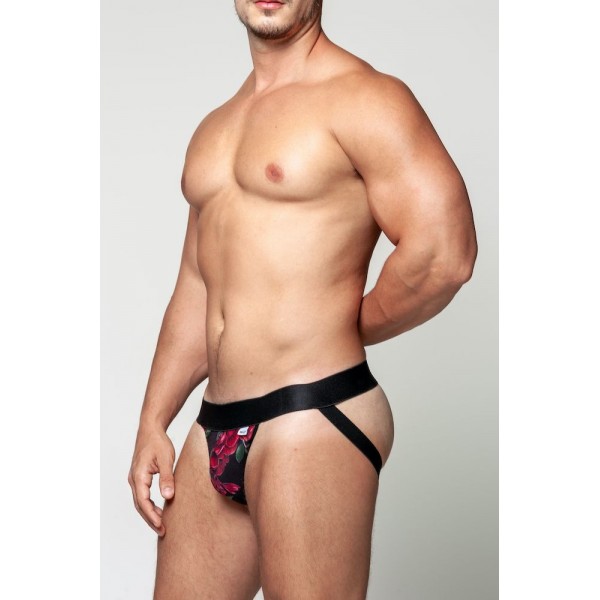 CUECA JOCK PRETA TULE COM FORRO E FLORES VERMELHAS FRONTAL